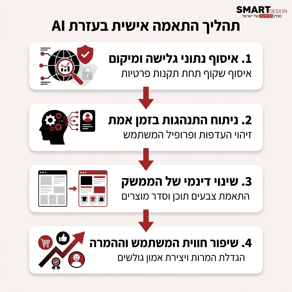 אינפוגרפיקה — תהליך התאמה אישית בעזרת AI: איסוף נתוני גלישה ומיקום, ניתוח התנהגות בזמן אמת, שינוי דינמי של הממשק, שיפור חווית