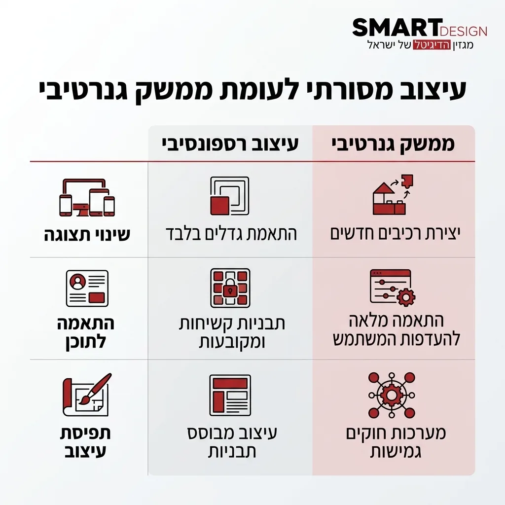 אינפוגרפיקה — עיצוב מסורתי לעומת ממשק גנרטיבי: השוואה בין עיצוב רספונסיבי, ממשק גנרטיבי