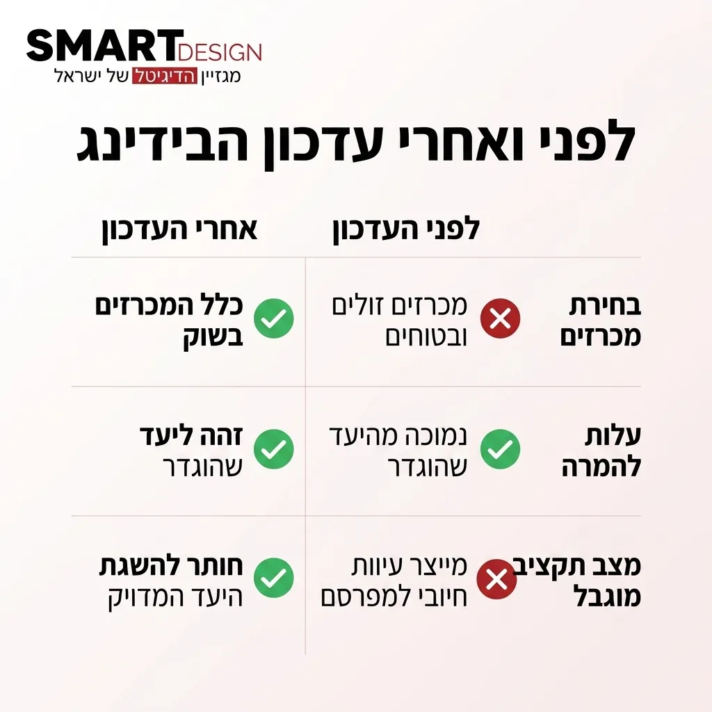 אינפוגרפיקה — לפני ואחרי עדכון הבידינג: השוואה בין לפני העדכון, אחרי העדכון