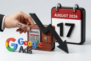 תמונה גרפית המציגה את הלוגו של Google Ads לצד אייקון של ארנק או חשבונית עם חץ גדול המצביע על שינוי אוטומטי, וברקע תאריך בולט: