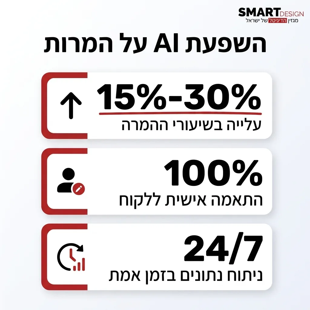 אינפוגרפיקה — השפעת AI על המרות: עלייה בשיעורי ההמרה, התאמה אישית ללקוח, ניתוח נתונים בזמן אמת