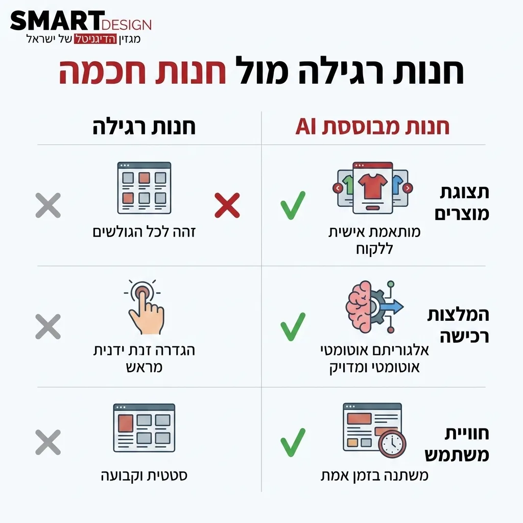 אינפוגרפיקה — חנות רגילה מול חנות חכמה: השוואה בין חנות רגילה, חנות מבוססת AI