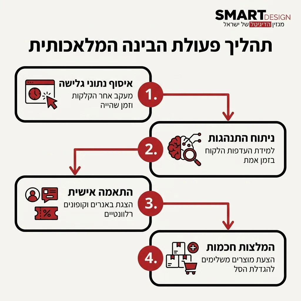 אינפוגרפיקה — תהליך פעולת הבינה המלאכותית: איסוף נתוני גלישה, ניתוח התנהגות, התאמה אישית, המלצות חכמות