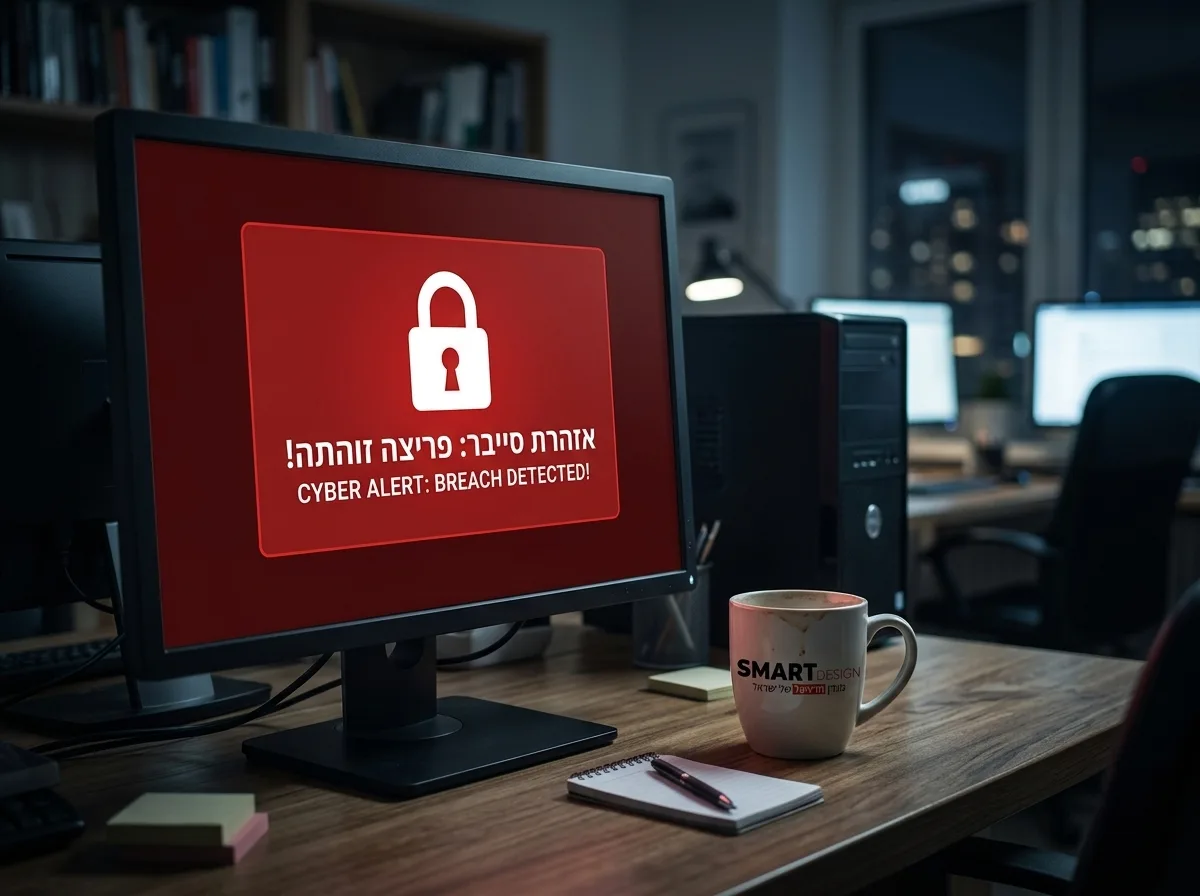 צילום ריאליסטי של מסך מחשב שעליו מופיעה הודעת אזהרת אבטחת סייבר אדומה עם סמל מנעול, מונח על שולחן במשרד חשוך מעט כשלצידו כוס קפה חצי ריקה