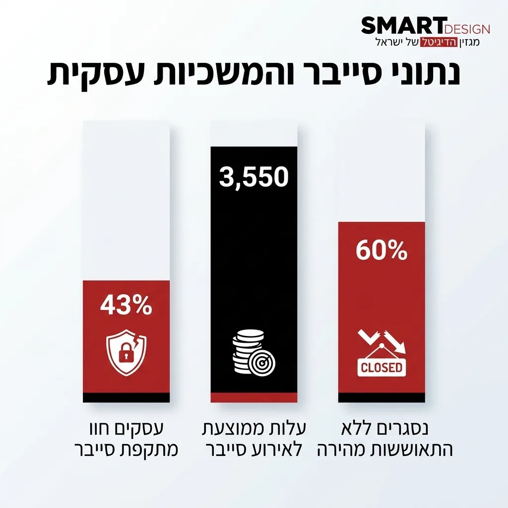 אינפוגרפיקה — נתוני סייבר והמשכיות עסקית: עסקים חוו מתקפת סייבר, עלות ממוצעת לאירוע סייבר, נסגרים ללא התאוששות מהירה
