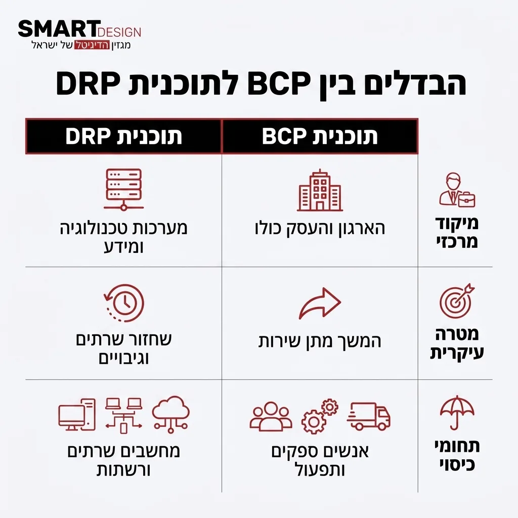 אינפוגרפיקה — הבדלים בין BCP לתוכנית DRP: השוואה בין תוכנית BCP, תוכנית DRP