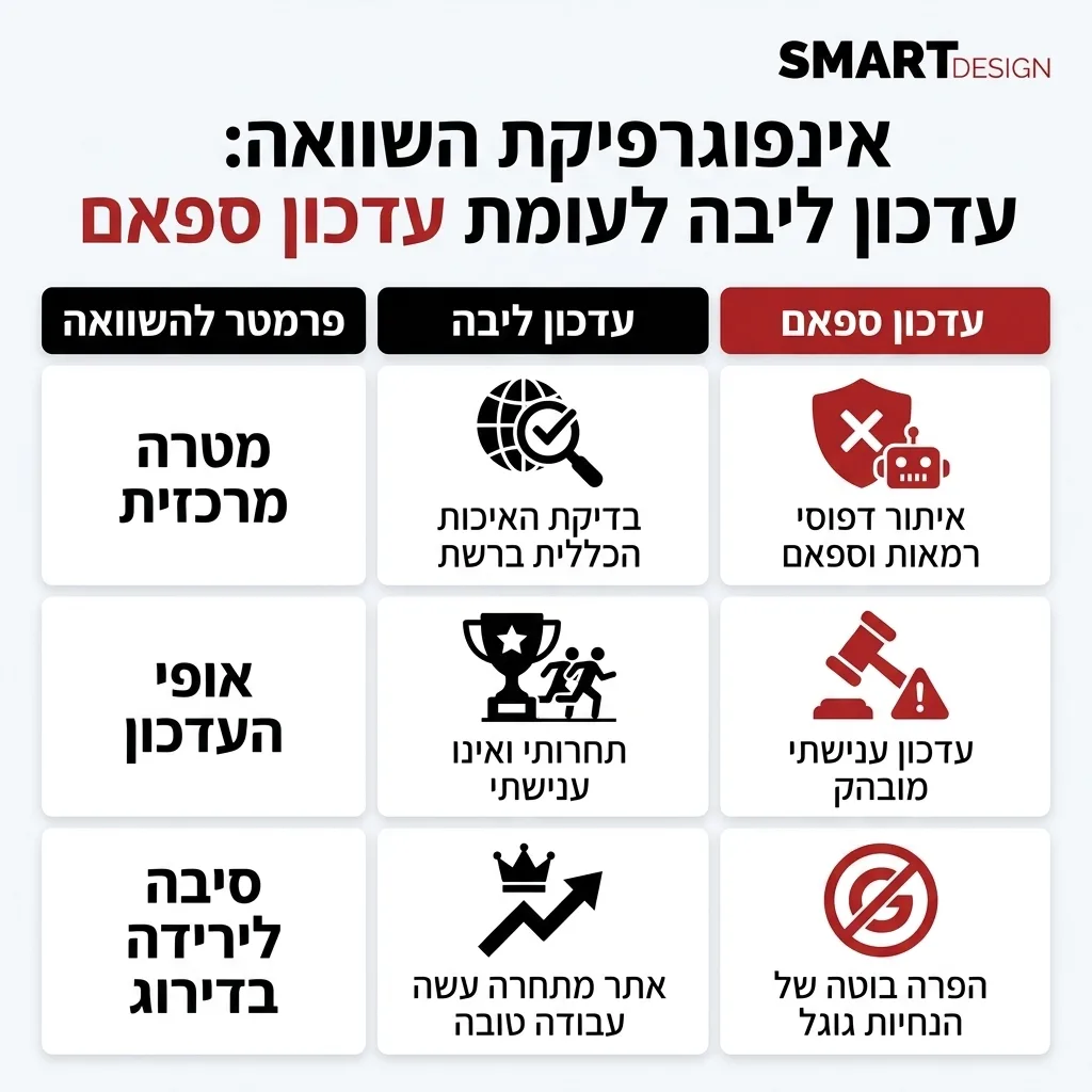 אינפוגרפיקה — עדכון ליבה לעומת עדכון ספאם: השוואה בין עדכון ליבה, עדכון ספאם