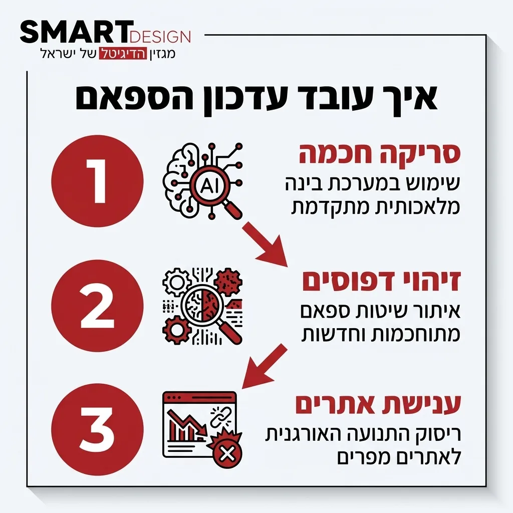 אינפוגרפיקה — איך עובד עדכון הספאם: סריקה חכמה, זיהוי דפוסים, ענישת אתרים