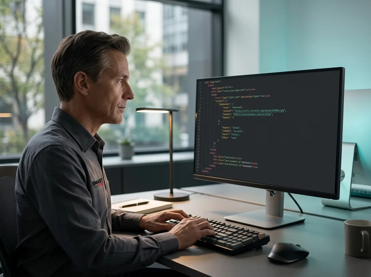 מתכנת עובד על קוד במסך כהה, רואים שורות של HTML ו-JSON, סביבת עבודה מקצועית ומוארת קלות בכחול