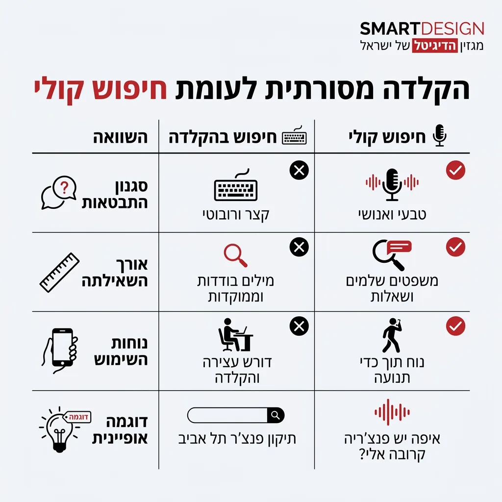 אינפוגרפיקה — הקלדה מסורתית לעומת חיפוש קולי: השוואה בין חיפוש בהקלדה, חיפוש קולי