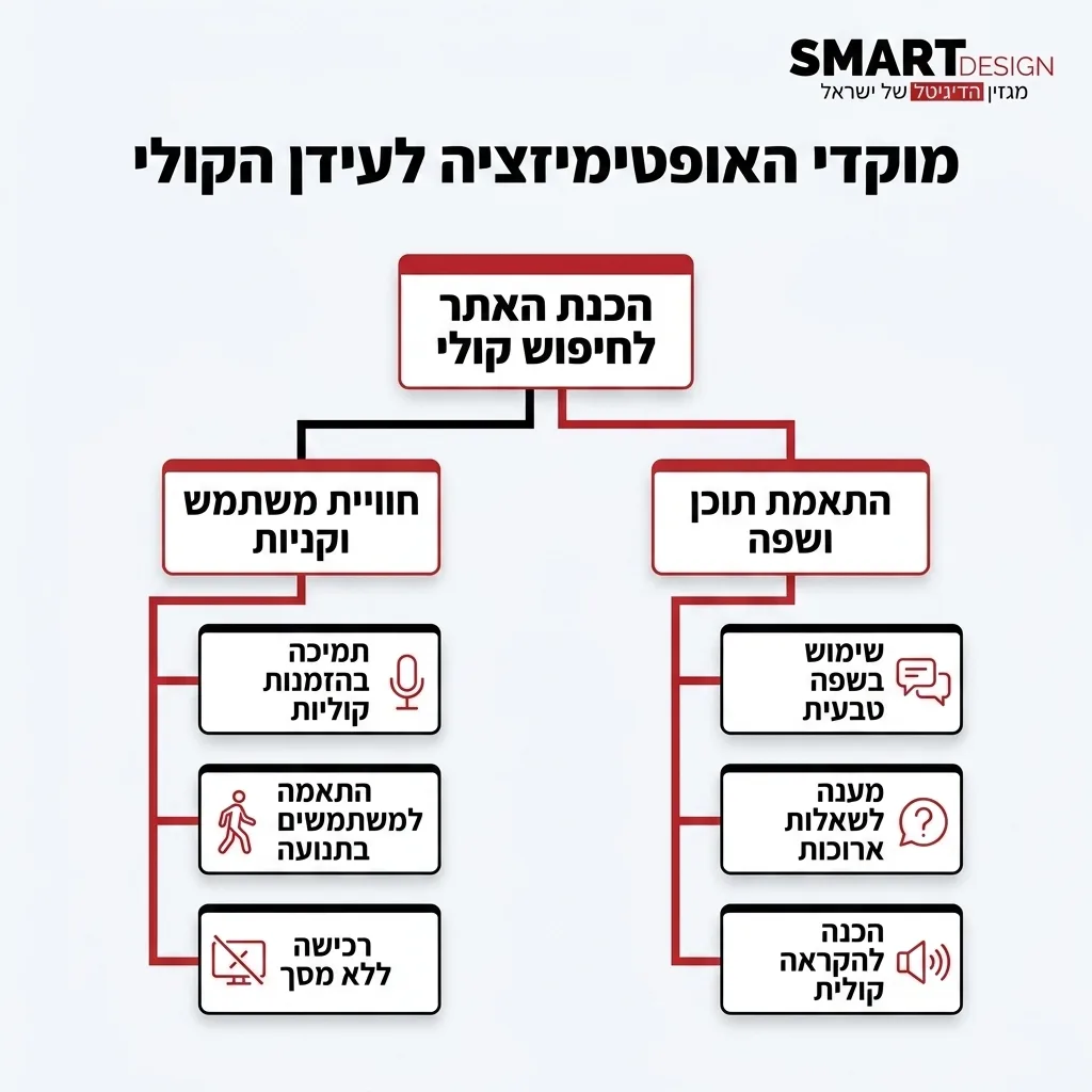 אינפוגרפיקה — מוקדי האופטימיזציה לעידן הקולי: הכנת האתר לחיפוש קולי