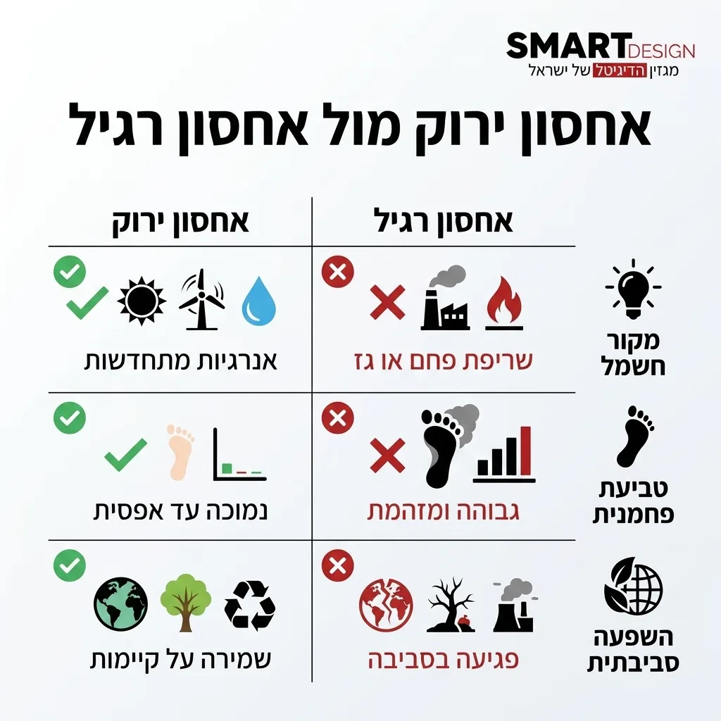 אינפוגרפיקה — אחסון ירוק מול אחסון רגיל: השוואה בין אחסון רגיל, אחסון ירוק