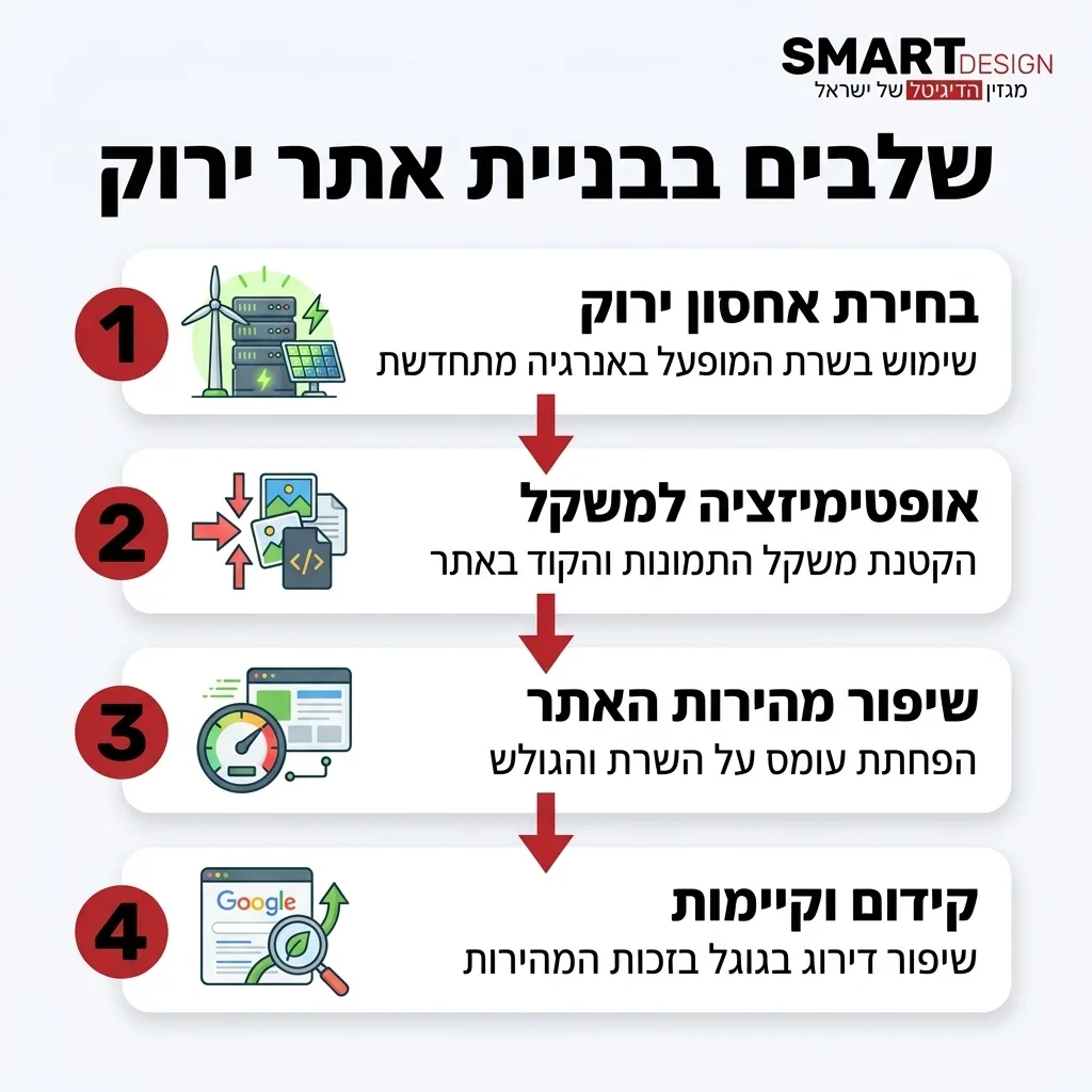 אינפוגרפיקה — שלבים בבניית אתר ירוק: בחירת אחסון ירוק, אופטימיזציה למשקל, שיפור מהירות האתר, קידום וקיימות