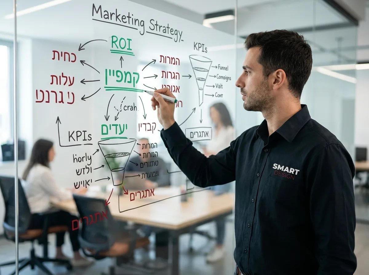 צילום פוטו-ריאליסטי של איש צוות טכני במשרד רושם על לוח מחיק שקוף אסטרטגיית שיווק, עם מילים מודגשות באדום וירוק, תאורה מודרנית