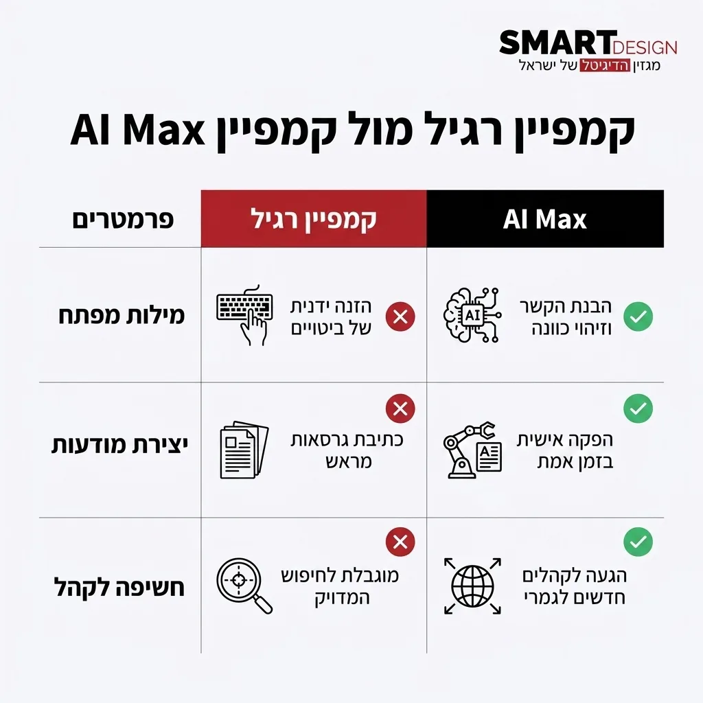אינפוגרפיקה — קמפיין רגיל מול קמפיין AI Max: השוואה בין קמפיין רגיל, AI Max