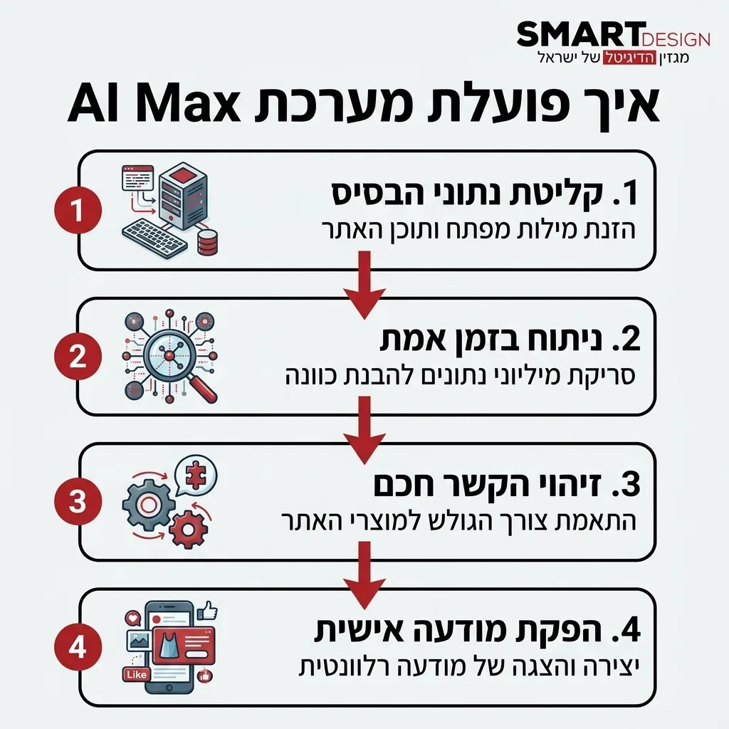אינפוגרפיקה — איך פועלת מערכת AI Max: קליטת נתוני הבסיס, ניתוח בזמן אמת, זיהוי הקשר חכם, הפקת מודעה אישית