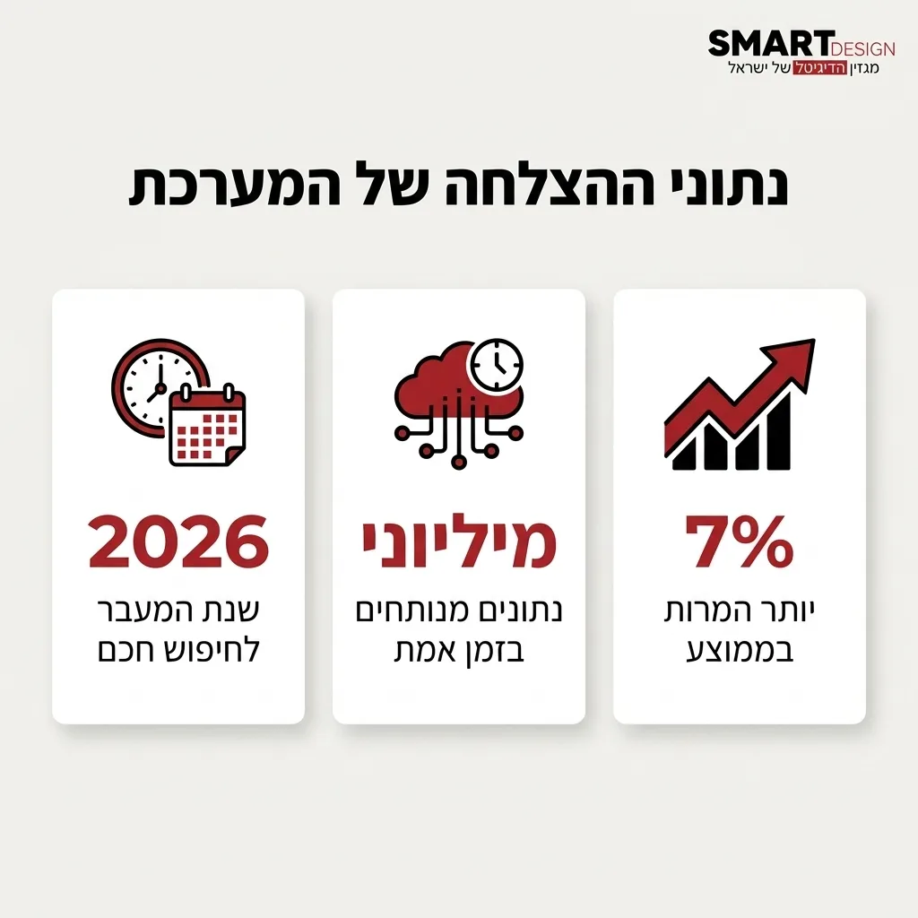 אינפוגרפיקה — נתוני ההצלחה של המערכת: יותר המרות בממוצע, נתונים מנותחים בזמן אמת, שנת המעבר לחיפוש חכם