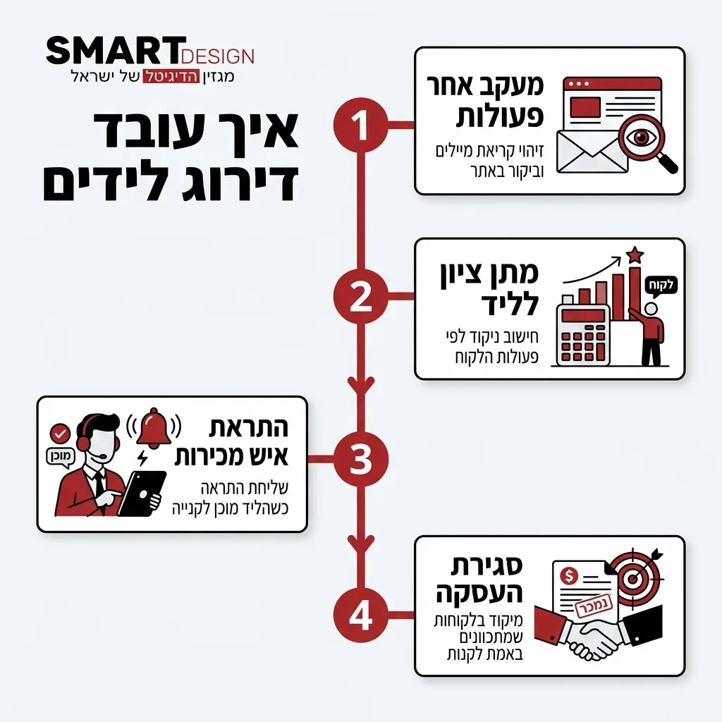 אינפוגרפיקה — איך עובד דירוג לידים: מעקב אחר פעולות, מתן ציון לליד, התראת איש מכירות, סגירת העסקה