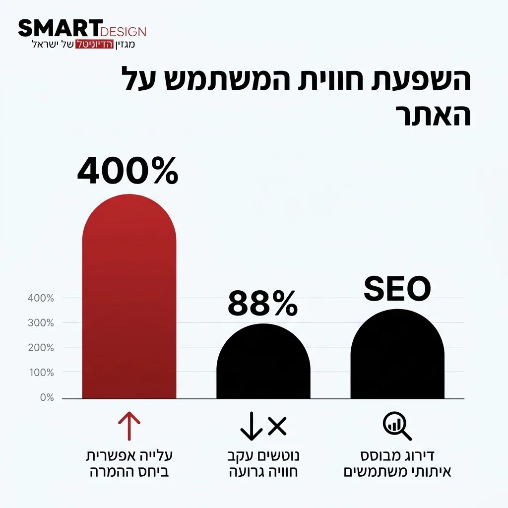 אינפוגרפיקה — השפעת חווית המשתמש על האתר: עלייה אפשרית ביחס ההמרה, נוטשים עקב חוויה גרועה, דירוג מבוסס איתותי משתמשים