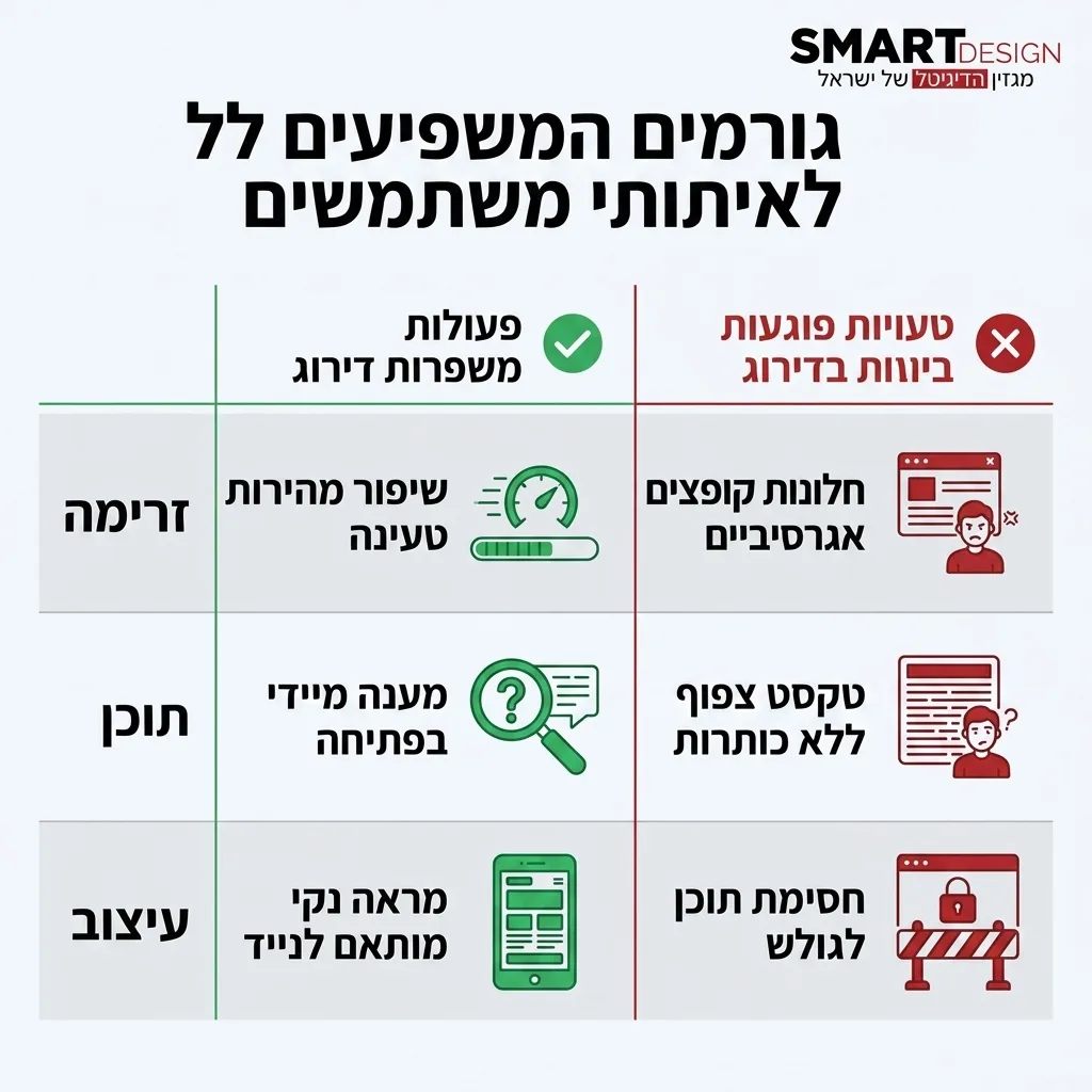 אינפוגרפיקה — גורמים המשפיעים על איתותי משתמשים: השוואה בין פעולות משפרות דירוג, טעויות פוגעות בדירוג