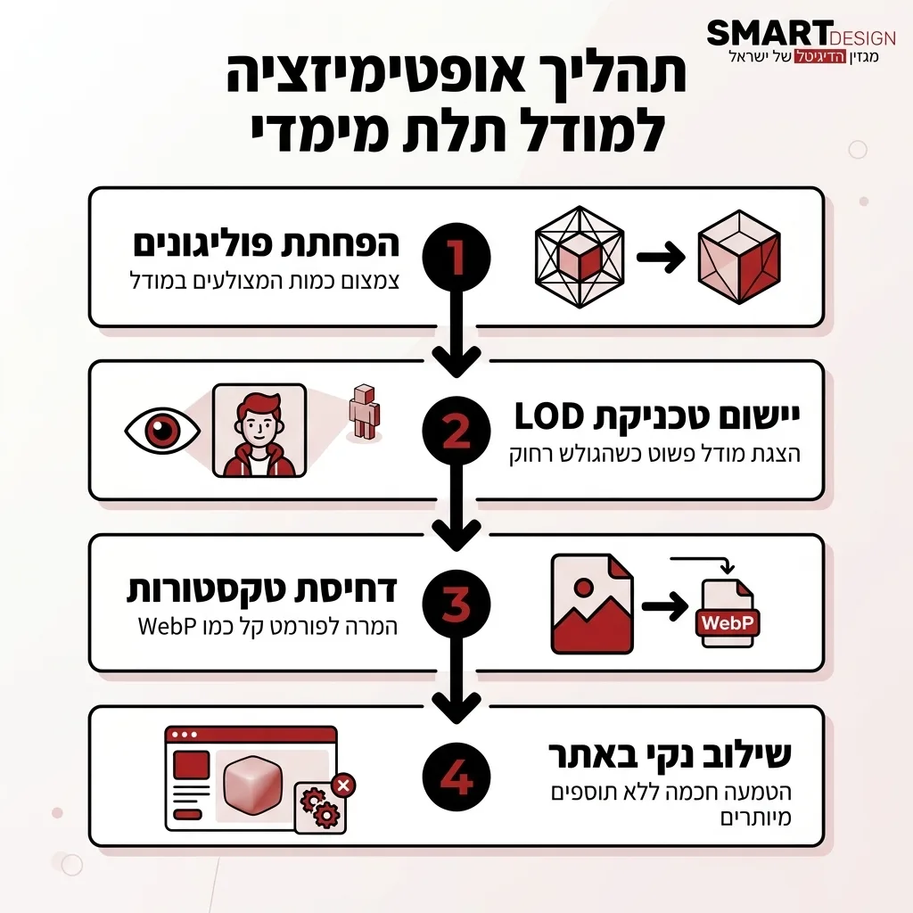 אינפוגרפיקה — תהליך אופטימיזציה למודל תלת מימדי: הפחתת פוליגונים, יישום טכניקת LOD, דחיסת טקסטורות, שילוב נקי באתר