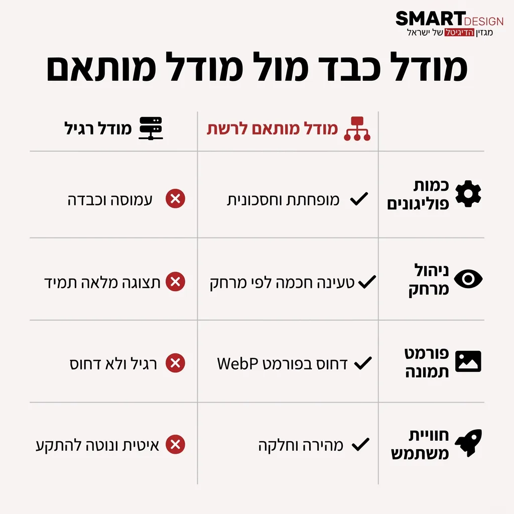 אינפוגרפיקה — מודל כבד מול מודל מותאם: השוואה בין מודל רגיל, מודל מותאם לרשת