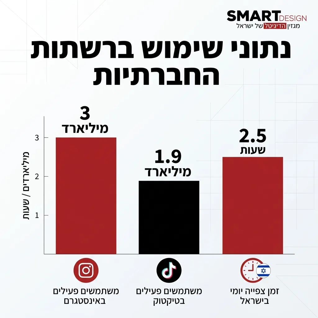 אינפוגרפיקה — נתוני שימוש ברשתות החברתיות: משתמשים פעילים באינסטגרם, משתמשים פעילים בטיקטוק, זמן צפייה יומי בישראל