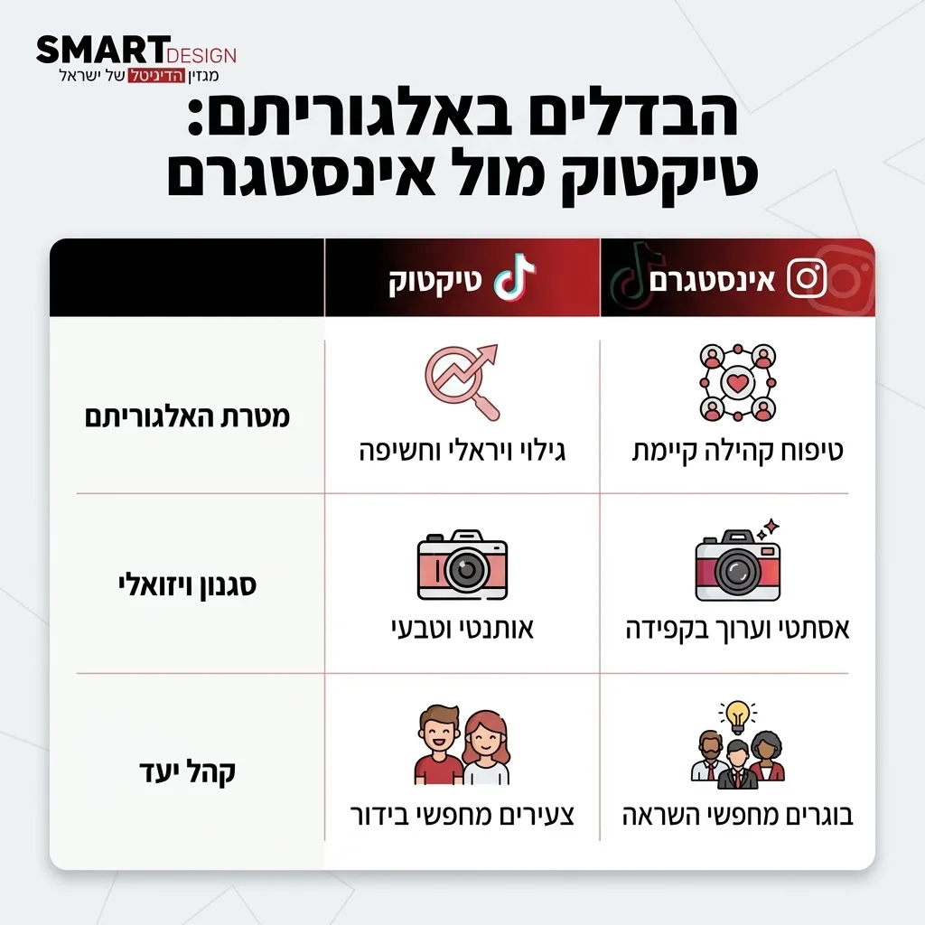 אינפוגרפיקה — הבדלים באלגוריתם: טיקטוק מול אינסטגרם: השוואה בין טיקטוק, אינסטגרם