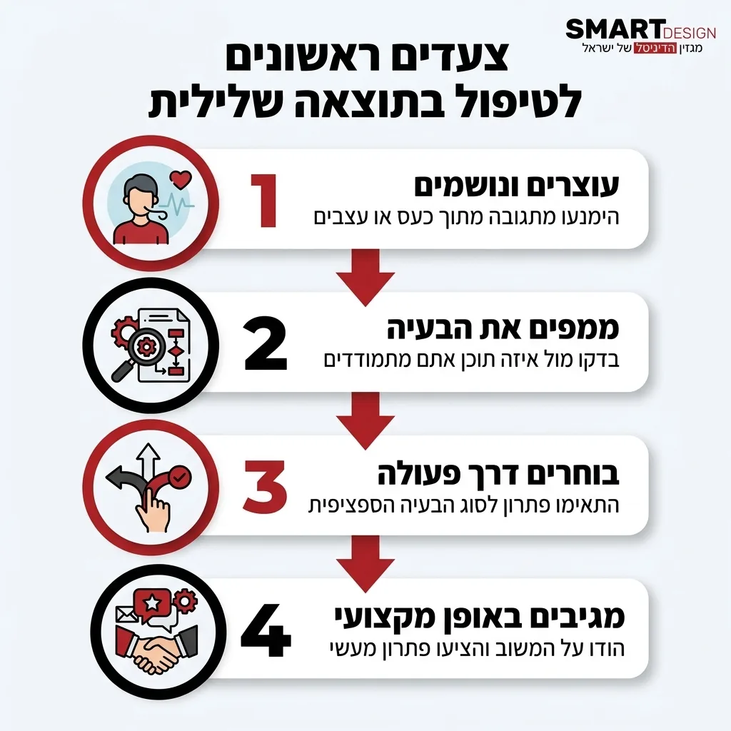 אינפוגרפיקה — צעדים ראשונים לטיפול בתוצאה שלילית: עוצרים ונושמים, ממפים את הבעיה, בוחרים דרך פעולה, מגיבים באופן מקצועי