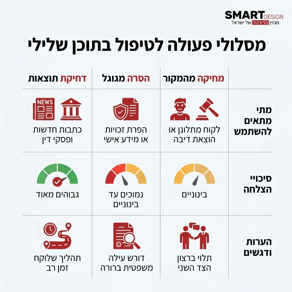 אינפוגרפיקה — מסלולי פעולה לטיפול בתוכן שלילי: השוואה בין מחיקה מהמקור, הסרה מגוגל, דחיקת תוצאות
