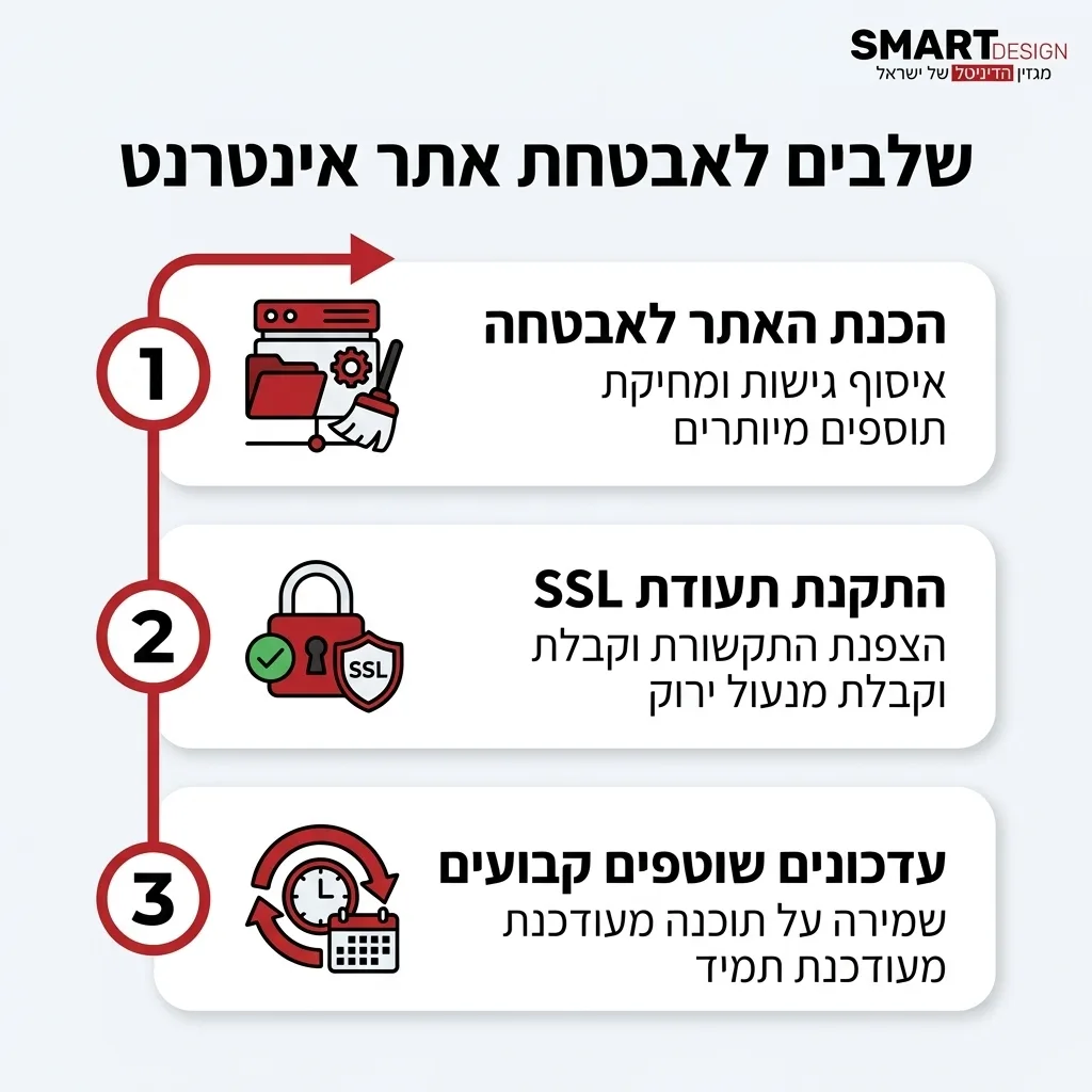 אינפוגרפיקה — שלבים לאבטחת אתר אינטרנט: הכנת האתר לאבטחה, התקנת תעודת SSL, עדכונים שוטפים קבועים