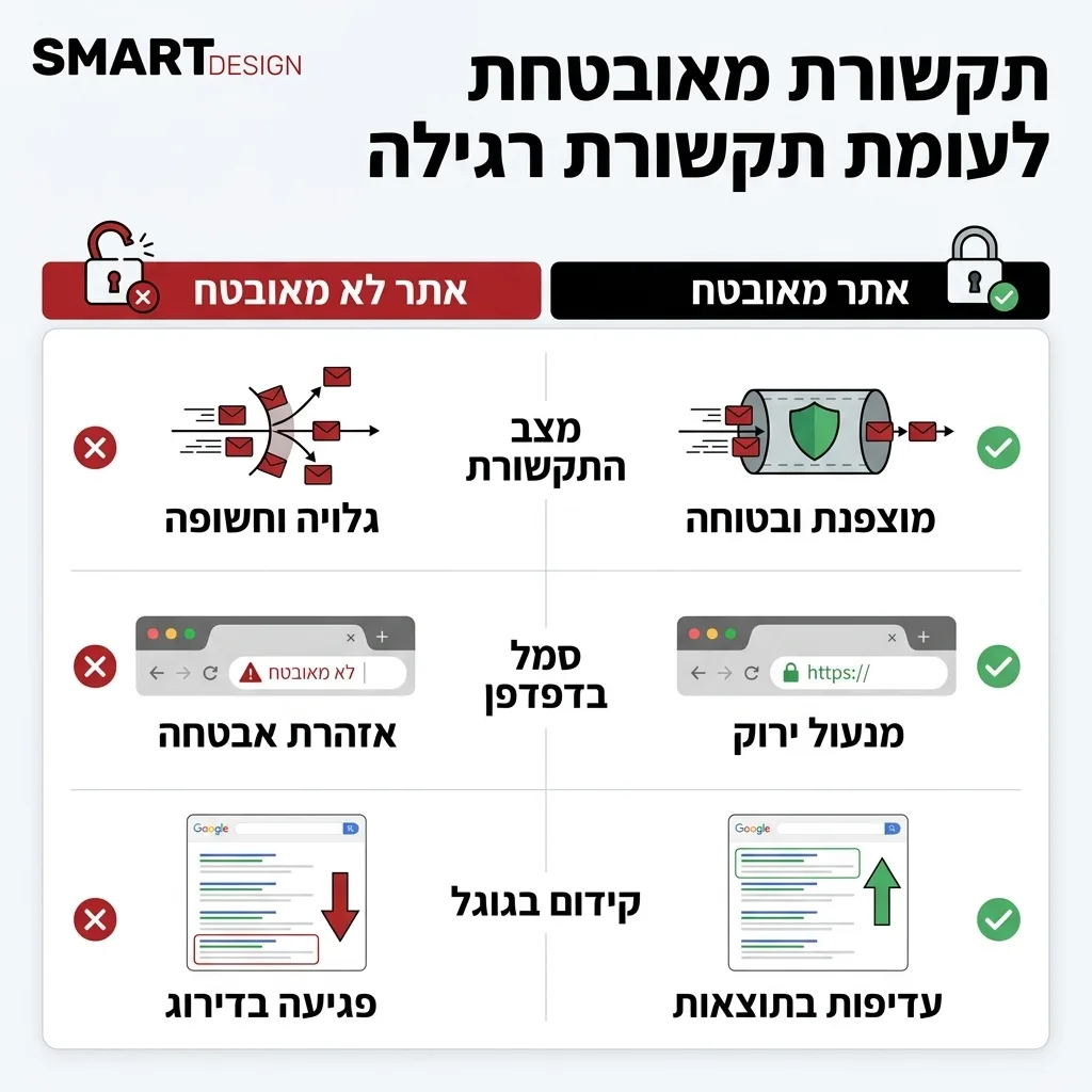 אינפוגרפיקה — תקשורת מאובטחת לעומת תקשורת רגילה: השוואה בין אתר לא מאובטח, אתר מאובטח