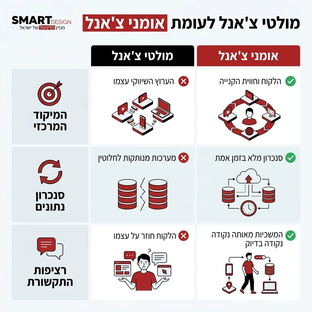 אינפוגרפיקה — מולטי צ'אנל לעומת אומני צ'אנל: השוואה בין מולטי צ'אנל, אומני צ'אנל