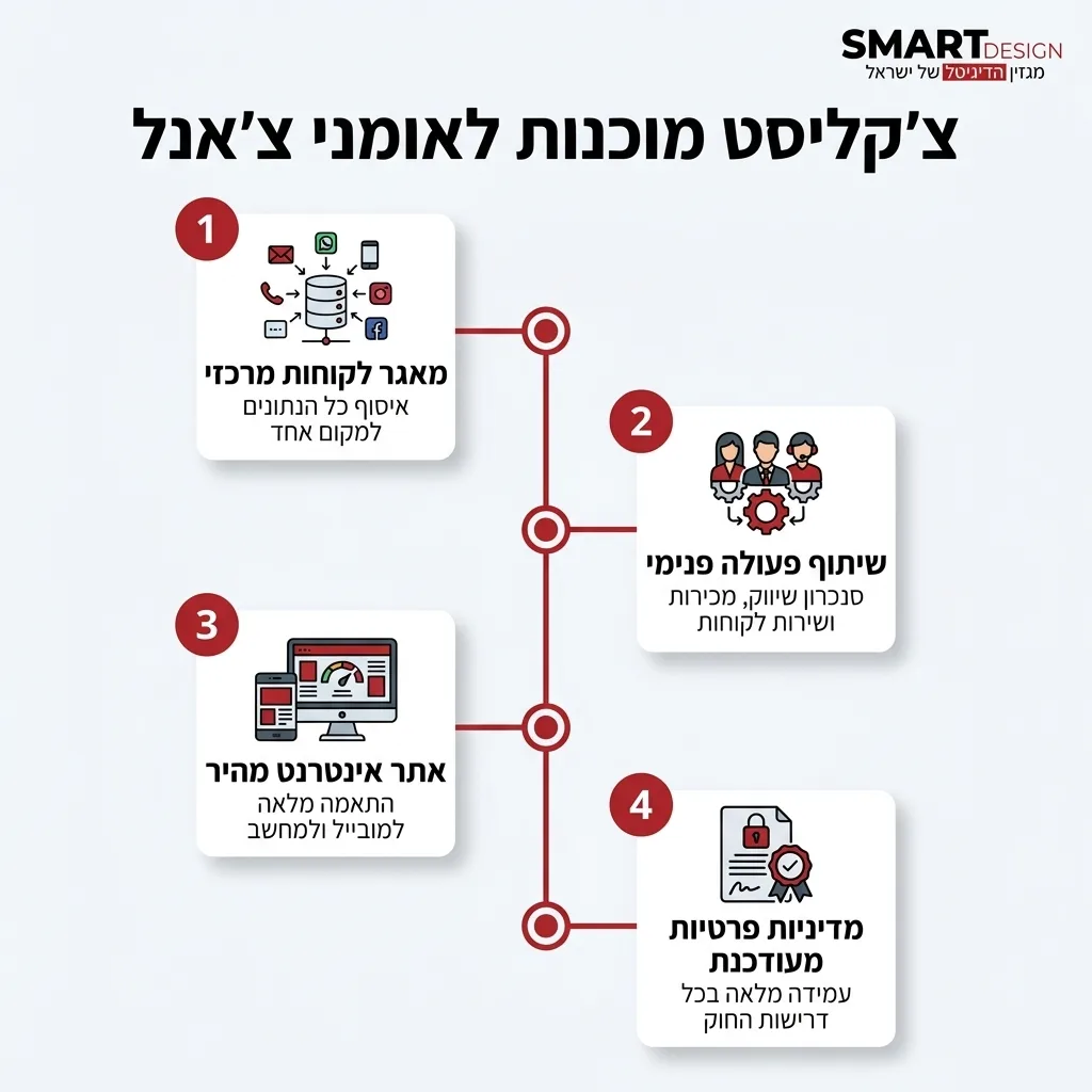 אינפוגרפיקה — צ'קליסט מוכנות לאומני צ'אנל: מאגר לקוחות מרכזי, שיתוף פעולה פנימי, אתר אינטרנט מהיר, מדיניות פרטיות מעודכנת