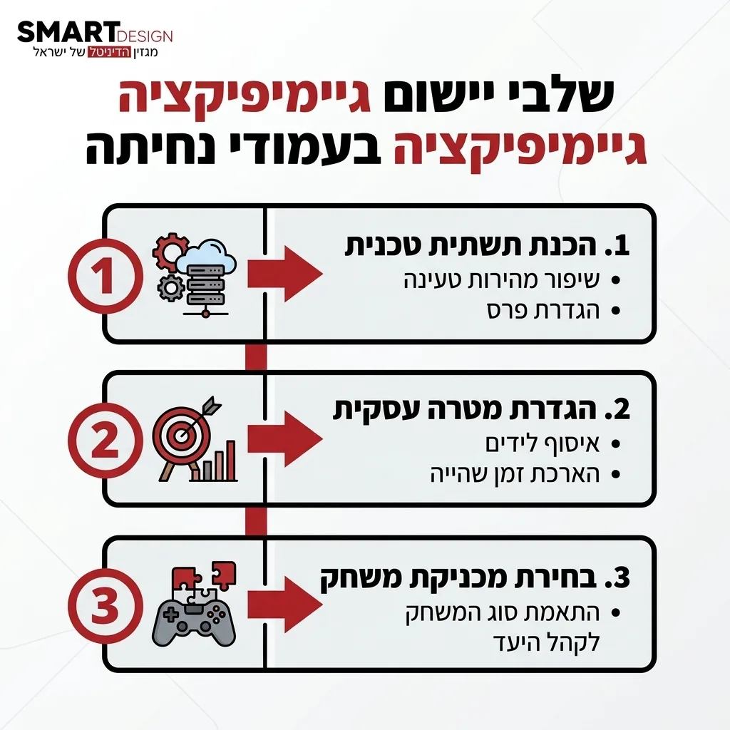 אינפוגרפיקה — שלבי יישום גיימיפיקציה בעמודי נחיתה: הכנת תשתית טכנית, הגדרת מטרה עסקית, בחירת מכניקת משחק