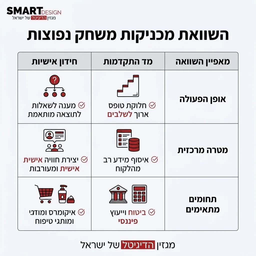 אינפוגרפיקה — השוואת מכניקות משחק נפוצות: השוואה בין מד התקדמות, חידון אישיות