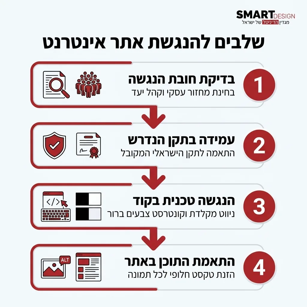 אינפוגרפיקה — שלבים להנגשת אתר אינטרנט: בדיקת חובת הנגשה, עמידה בתקן הנדרש, הנגשה טכנית בקוד, התאמת התוכן באתר