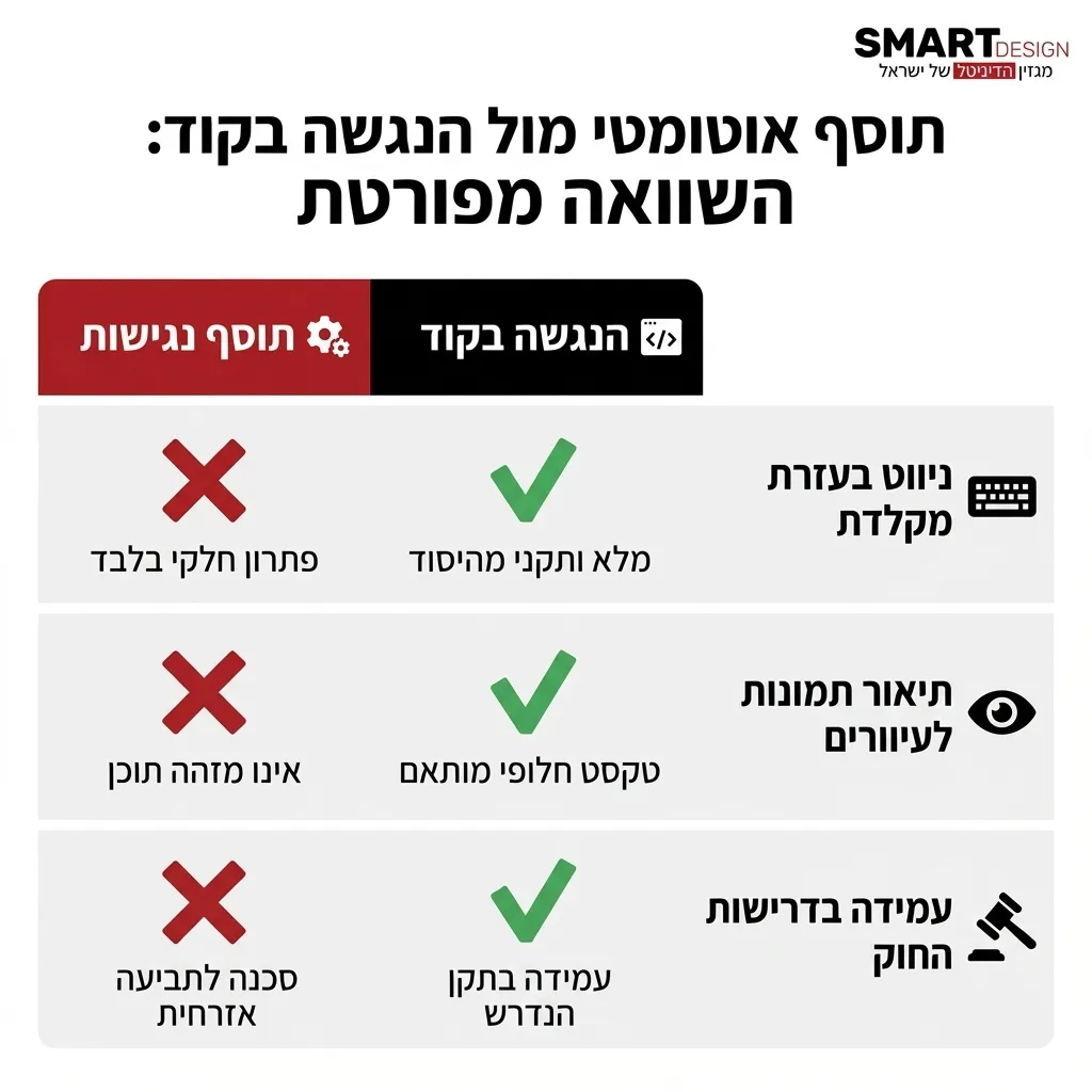 אינפוגרפיקה — תוסף אוטומטי מול הנגשה בקוד: השוואה בין תוסף נגישות, הנגשה בקוד