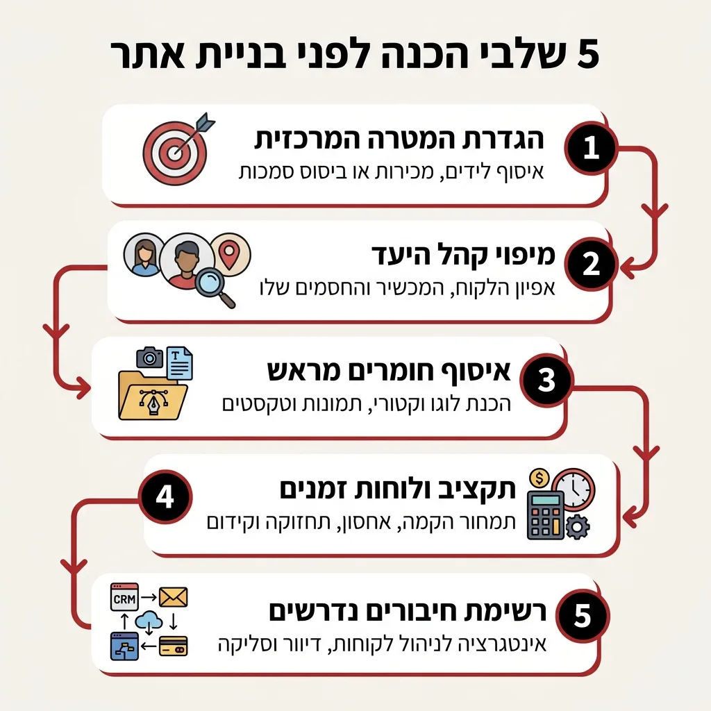 אינפוגרפיקה — 5 שלבי הכנה לפני בניית אתר: הגדרת המטרה המרכזית, מיפוי קהל היעד, איסוף חומרים מראש, תקציב ולוחות זמנים, רשימת ח