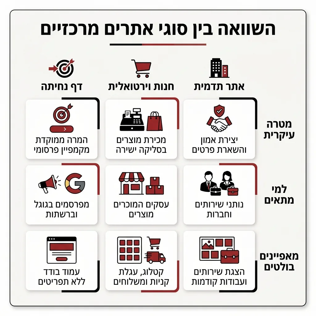 אינפוגרפיקה — השוואה בין סוגי אתרים מרכזיים: השוואה בין אתר תדמית, חנות וירטואלית, דף נחיתה