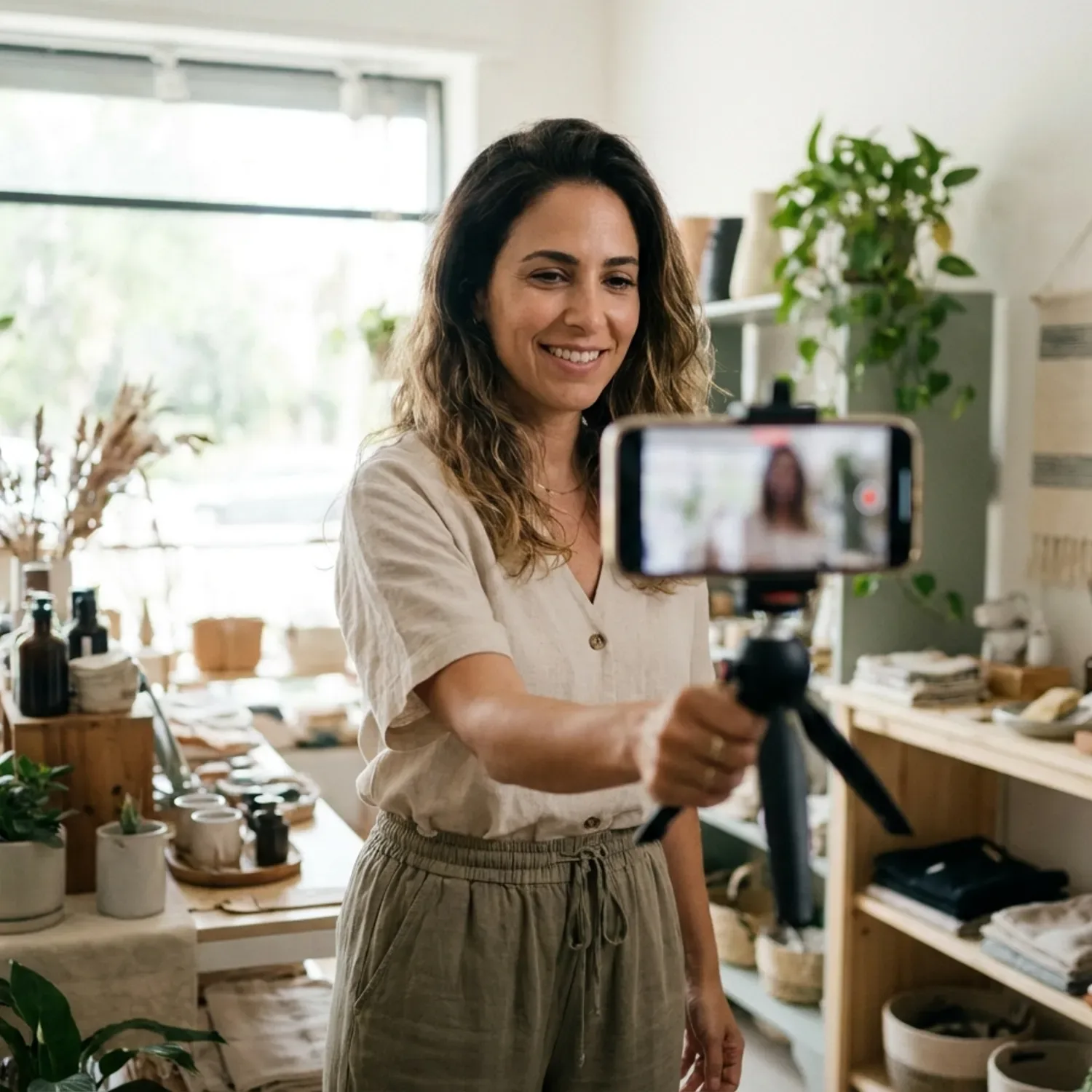 צילום מציאותי של בעלת עסק ישראלית בחנות מעוצבת, מצלמת סרטון קצר באמצעות סמארטפון המוצב על חצובה קטנה, תאורה טבעית רכה, מראה אותנטי ולא מבוים