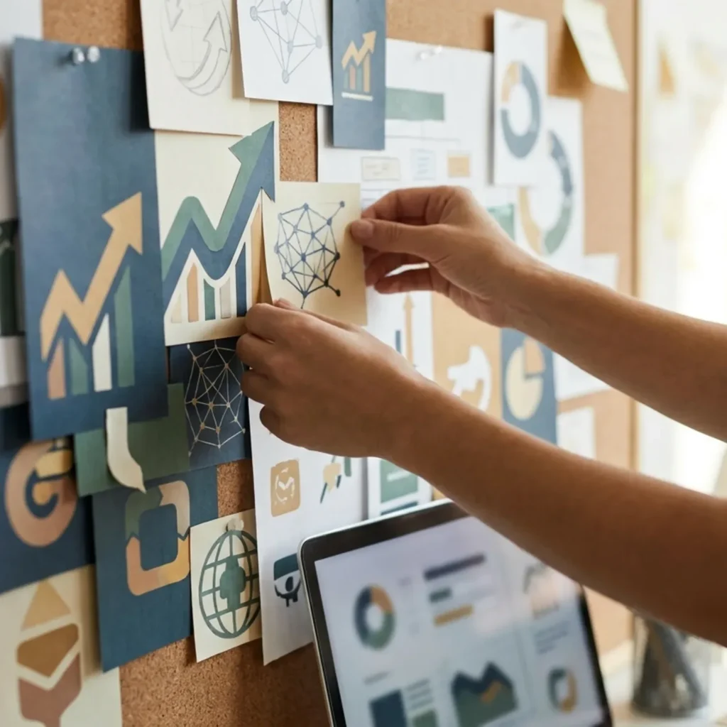 קולאז' דינמי של סמלי רשתות חברתיות, מנועי חיפוש וגרפים של צמיחה עסקית.