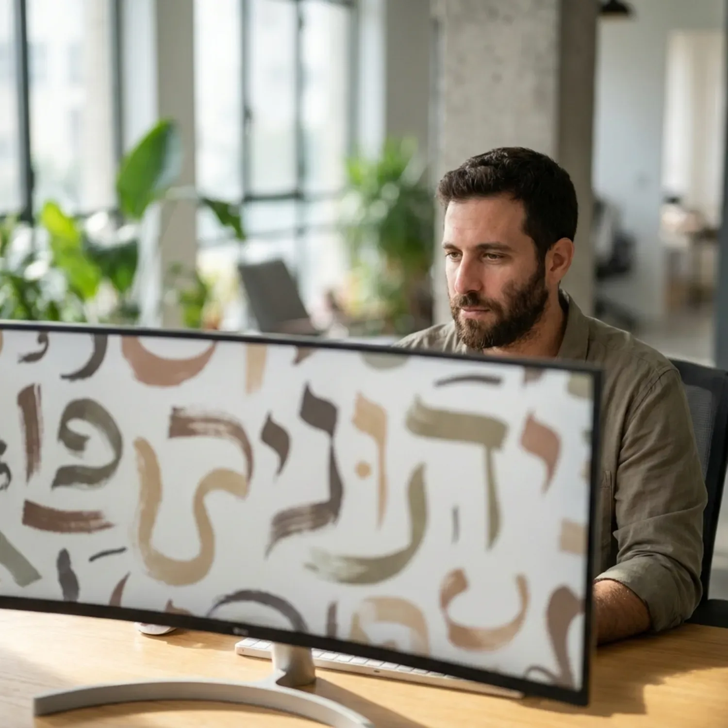 צילום מקצועי פוטו-ריאליסטי של מעצב אתרים ישראלי יושב במשרד מואר בתאורה טבעית, מביט במסך מחשב גדול שעליו מוצגות דוגמאות של אותיות עבריות בגדלים שונים, פוקוס חד על המסך, עומק שדה רדוד
